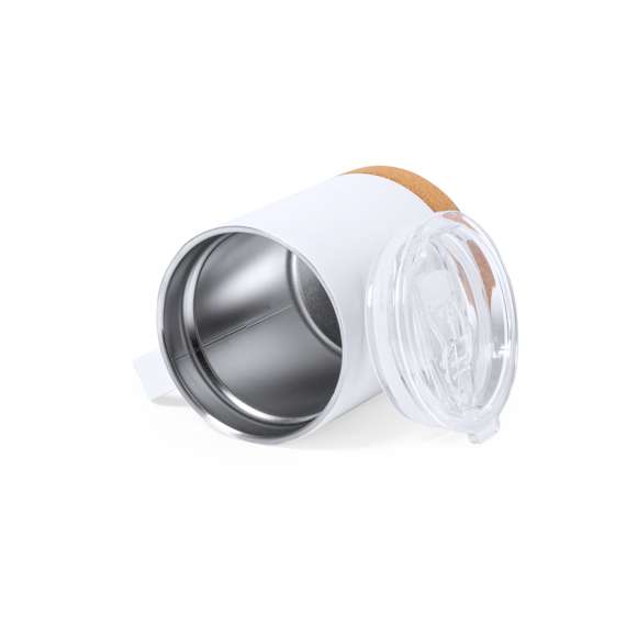 Taza térmica de sobremesa fabricada con acero inox de doble pared y 330ml de capacidad. Especialmente diseñada para marcaje en sublimación y de acabado en blanco brillo. Con dosificador en tapa con abrefácil, libre de BPA, y base en corcho natural. Presentada en caja individual de diseño kraft.