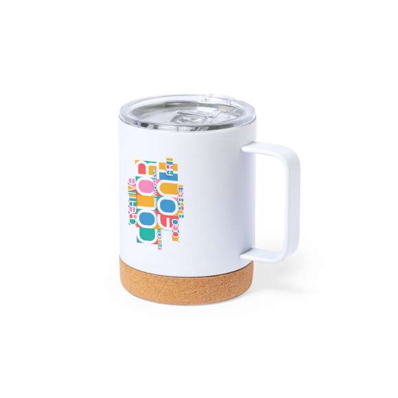 Taza térmica de sobremesa fabricada con acero inox de doble pared y 330ml de capacidad. Especialmente diseñada para marcaje en sublimación y de acabado en blanco brillo. Con dosificador en tapa con abrefácil, libre de BPA, y base en corcho natural. Presentada en caja individual de diseño kraft.