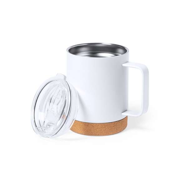 Taza térmica de sobremesa fabricada con acero inox de doble pared y 330ml de capacidad. Especialmente diseñada para marcaje en sublimación y de acabado en blanco brillo. Con dosificador en tapa con abrefácil, libre de BPA, y base en corcho natural. Presentada en caja individual de diseño kraft.