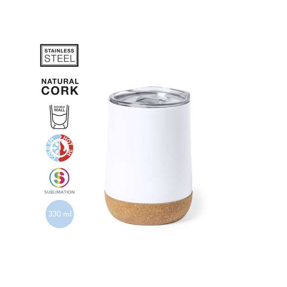 Vaso térmico de sobremesa fabricado en acero inox de doble pared y 330ml de capacidad. Especialmente diseñado para marcaje en sublimación, acabado en blanco brillo. Con dosificador abrefácil en tapa, libre de BPA, y base en corcho natural. Presentado en caja individual de diseño kraft.