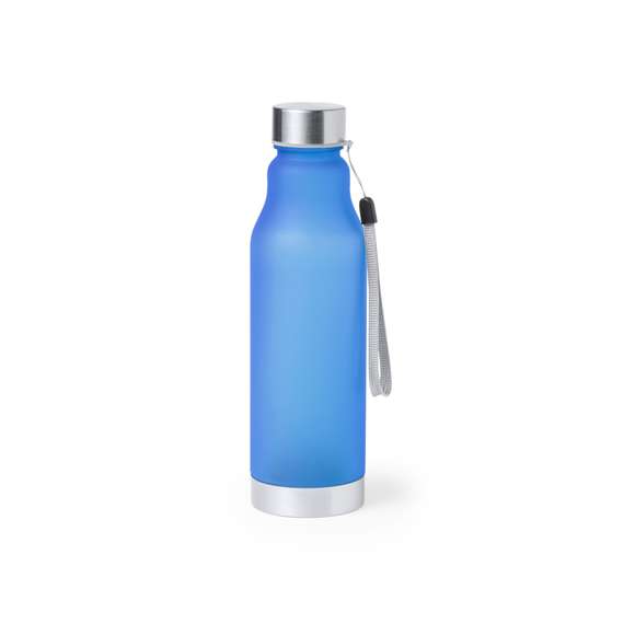 Bidón de 600ml de capacidad. Libre de BPA, con cuerpo de RPET elaborado a partir de plástico reciclado, para así fomentar la reutilización de residuos plásticos y contribuir a la sostenibilidad del planeta. Tapón a rosca en acero inox, con cordón de transporte y base a juego. Disponible en variada gama de colores.
