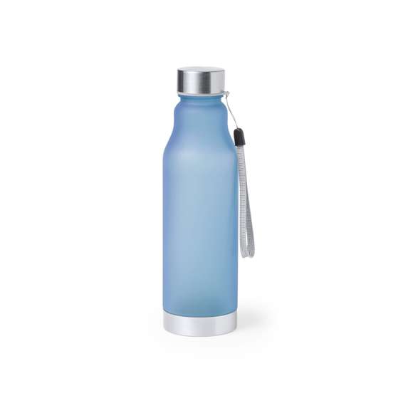 Bidón de 600ml de capacidad. Libre de BPA, con cuerpo de RPET elaborado a partir de plástico reciclado, para así fomentar la reutilización de residuos plásticos y contribuir a la sostenibilidad del planeta. Tapón a rosca en acero inox, con cordón de transporte y base a juego. Disponible en variada gama de colores.