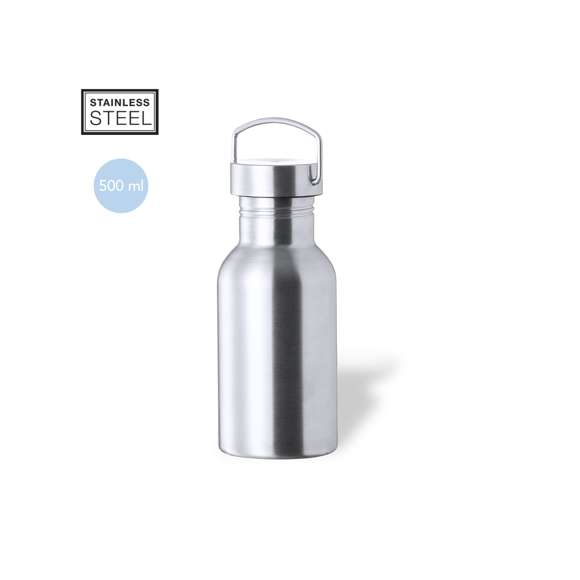 Bidón de 500 ml de capacidad, fabricado en acero inox de acabado brillo. Con original tapón a rosca en acero inox, a juego y con asa integrada. Libre de BPA y presentado en caja individual de diseño kraft.Disponible manual de instrucciones en español e inglés.