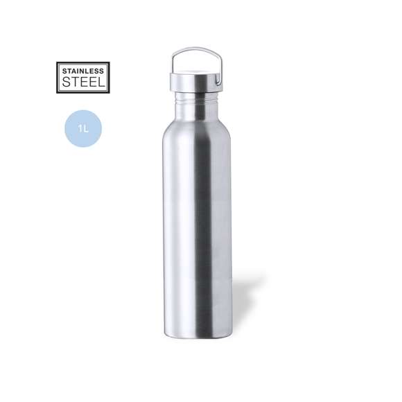 Bidón de 1 l de capacidad, fabricado en acero inox de acabado brillo. Con original tapón a rosca en acero inox, a juego y con asa integrada. Libre de BPA y presentado en caja individual de diseño kraft.Disponible manual de instrucciones en español e inglés.
