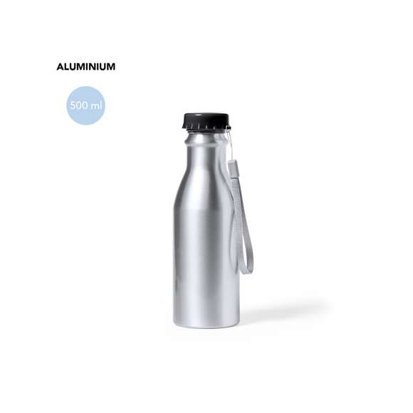 Bidón de 500 ml de capacidad, fabricado en aluminio de acabado brillo. Con original tapón chapineta en negro, a rosca y con cinta de transporte. Libre de BPA y presentado en caja individual de diseño kraft.