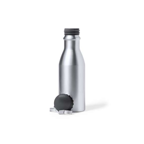 Bidón de 500 ml de capacidad, fabricado en aluminio de acabado brillo. Con original tapón chapineta en negro, a rosca y con cinta de transporte. Libre de BPA y presentado en caja individual de diseño kraft.