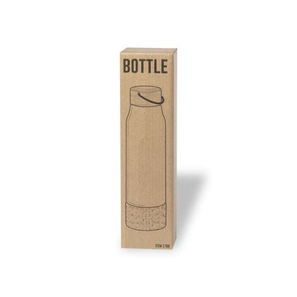 Bidón de línea nature y 470 ml de capacidad. Cuerpo fabricado en cristal, con base en corcho. Incluye original tapón a rosca de bambú con asa integrada. Presentado en caja individual de diseño eco.