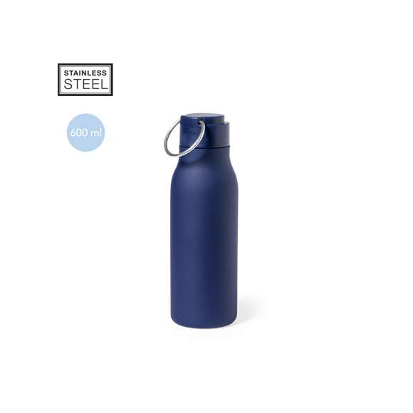 Bidón de 600 ml de capacidad, fabricado en acero inox. Tapón a rosca a juego libre de BPA, con anilla de transporte integrada, plegable y de acabado cromado. Disponible en variada gama de colores satinados y presentado en caja individual de diseño kraft.Disponible manual de instrucciones en español e inglés.