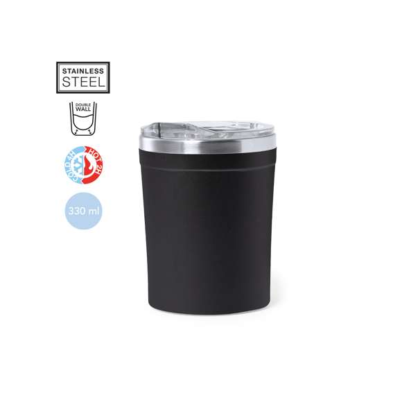 Vaso térmico de sobremesa faricado en acero inox de 350 ml de capacidad. Exterior en PP, con dosificador y abrefácil en tapa. Libre de BPA. Presentado en caja individual de diseño kraft.