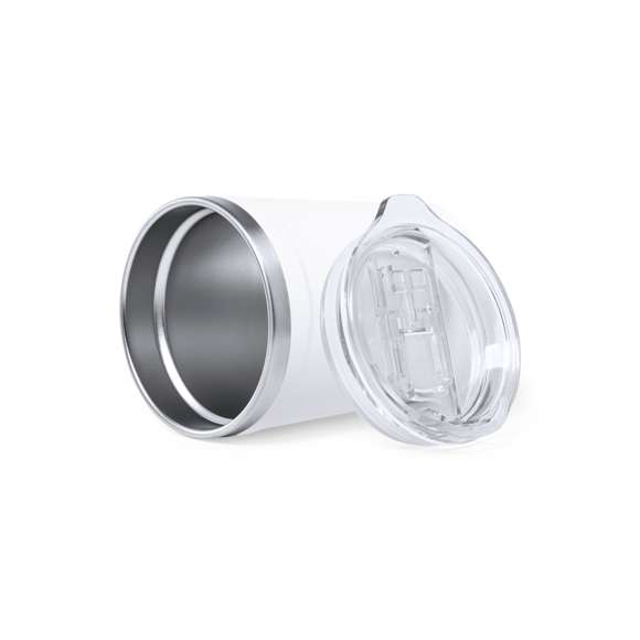 Vaso térmico de sobremesa faricado en acero inox de 350 ml de capacidad. Exterior en PP, con dosificador y abrefácil en tapa. Libre de BPA. Presentado en caja individual de diseño kraft.
