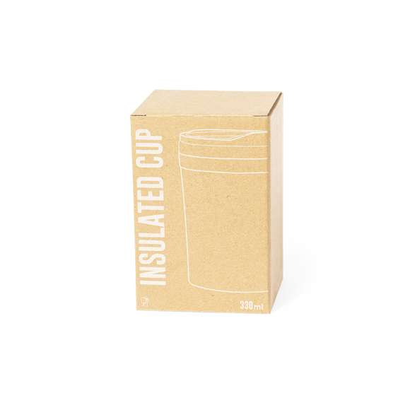 Vaso térmico de sobremesa faricado en acero inox de 350 ml de capacidad. Exterior en PP, con dosificador y abrefácil en tapa. Libre de BPA. Presentado en caja individual de diseño kraft.