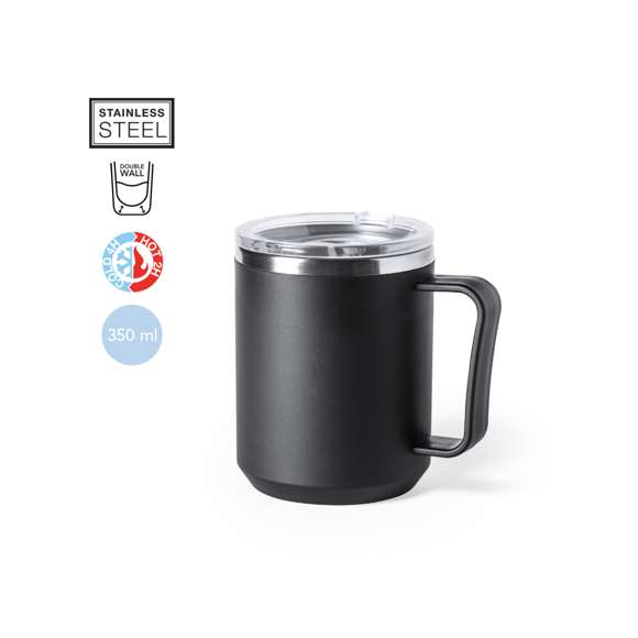 Taza térmica de sobremesa fabricada en acero inox de doble pared y 350ml de capacidad. Exterior en resistente PP, con dosificador en tapa y abrefácil. Libre de BPA. Disponible en colores mate y presentada en caja individual de diseño kraft.