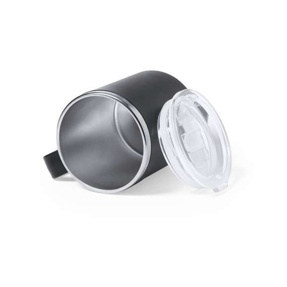 Taza térmica de sobremesa fabricada en acero inox de doble pared y 350ml de capacidad. Exterior en resistente PP, con dosificador en tapa y abrefácil. Libre de BPA. Disponible en colores mate y presentada en caja individual de diseño kraft.