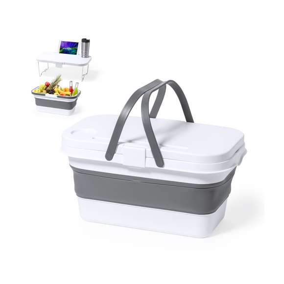 Cesta nevera para picnic plegable y multifunción. Fabricada en resistente material PP de acabado blanco, con capacidad de 16 litros. Tapa convertible en mesa mediante 2 patas plegables, con soportes para smartphone o tablet y bidón integrados. Incluye 2 asas de transporte plegables en gris. Una vez plegada ocupa poco espacio, ideal para un fácil almacenamiento.