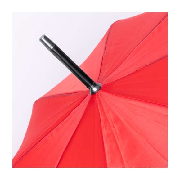 Paraguas de 8 paneles tamaño XL -130 cm diámetro-, fabricado en resistente material pongee 190T. De apertura automática y con mecanismo antiviento. Varillas de fibra en color negro, con mango curvado y cierre de velcro. Disponible en extensa gama de colores.