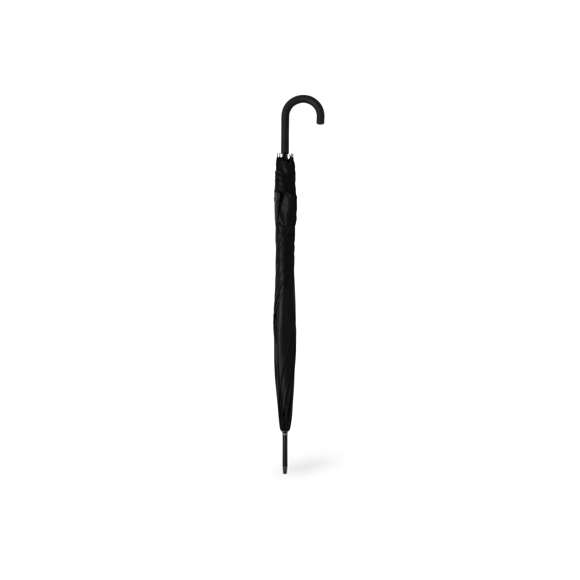 Paraguas de 8 paneles tamaño XL -130 cm diámetro-, fabricado en resistente material pongee 190T. De apertura automática y con mecanismo antiviento. Varillas de fibra en color negro, con mango curvado y cierre de velcro. Disponible en extensa gama de colores.