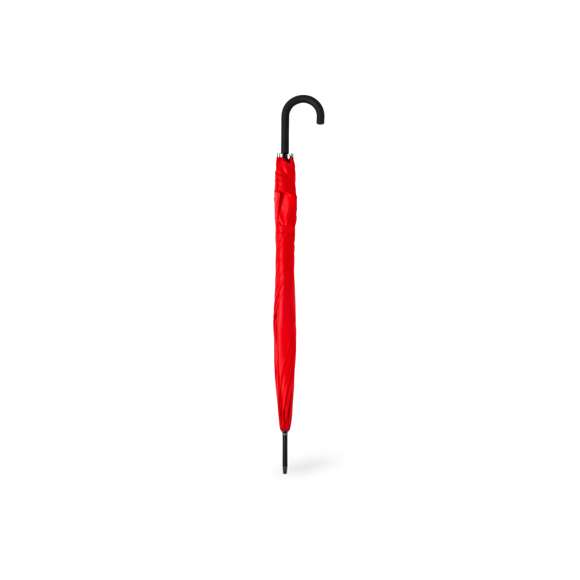 Paraguas de 8 paneles tamaño XL -130 cm diámetro-, fabricado en resistente material pongee 190T. De apertura automática y con mecanismo antiviento. Varillas de fibra en color negro, con mango curvado y cierre de velcro. Disponible en extensa gama de colores.