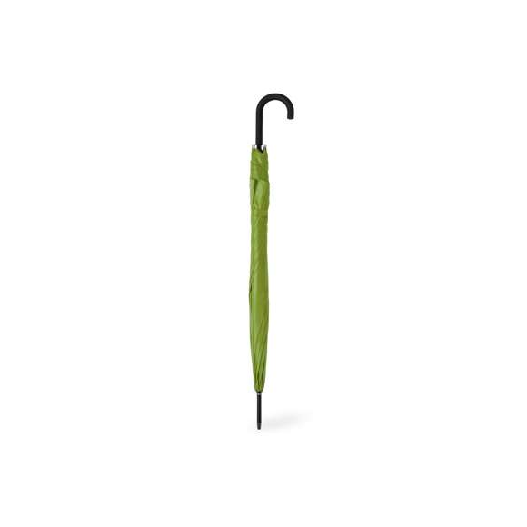 Paraguas de 8 paneles tamaño XL -130 cm diámetro-, fabricado en resistente material pongee 190T. De apertura automática y con mecanismo antiviento. Varillas de fibra en color negro, con mango curvado y cierre de velcro. Disponible en extensa gama de colores.