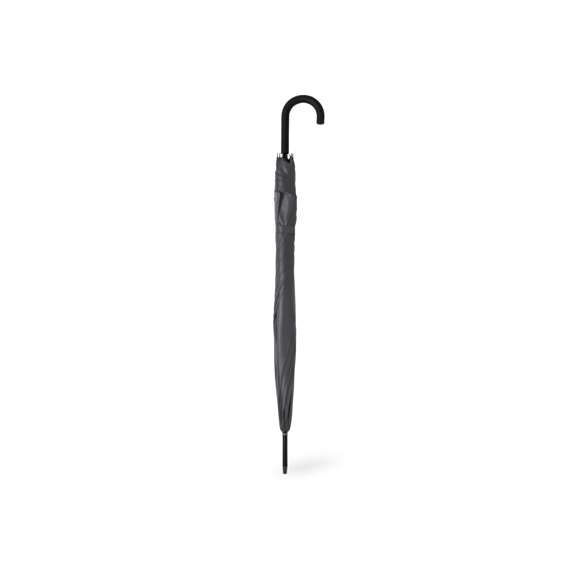 Paraguas de 8 paneles tamaño XL -130 cm diámetro-, fabricado en resistente material pongee 190T. De apertura automática y con mecanismo antiviento. Varillas de fibra en color negro, con mango curvado y cierre de velcro. Disponible en extensa gama de colores.