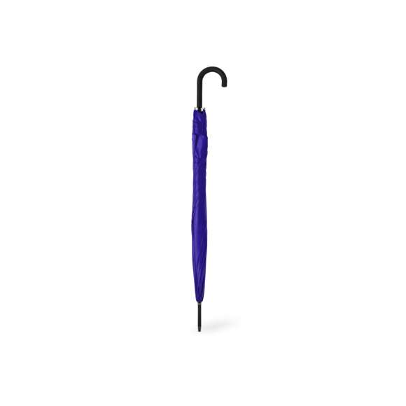 Paraguas de 8 paneles tamaño XL -130 cm diámetro-, fabricado en resistente material pongee 190T. De apertura automática y con mecanismo antiviento. Varillas de fibra en color negro, con mango curvado y cierre de velcro. Disponible en extensa gama de colores.
