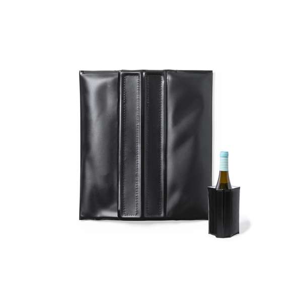 Enfriador con cierre ajustable de velcro, líquido refrigerante interior y fabricado en PVC negro mate.