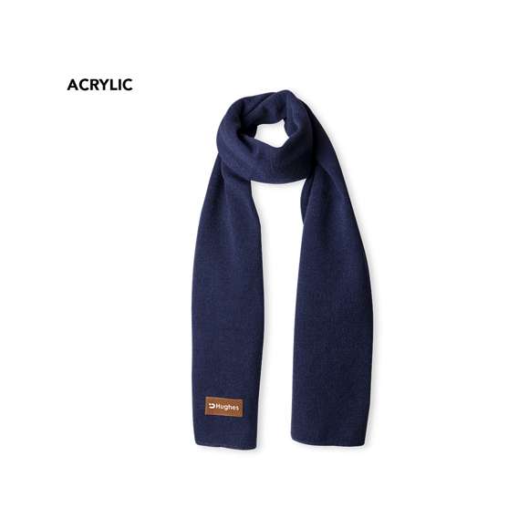 Bufanda unisex fabricada en material acrílico elástico. Con parche en polipiel cosido para marcaje y disponible en variada gama de colores.