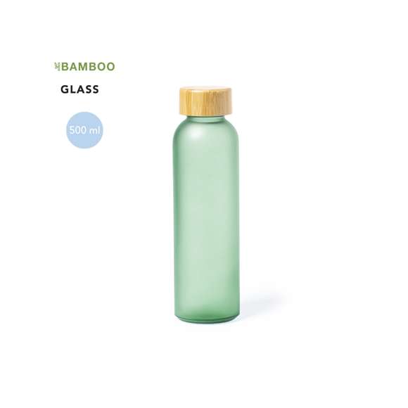 Bidón de línea nature y 500 ml de capacidad, con cuerpo fabricado en cristal, con tapón a rosca de bambú y libre de BPA. Disponible en variada gama de colores y presentado en caja individual de diseño eco.