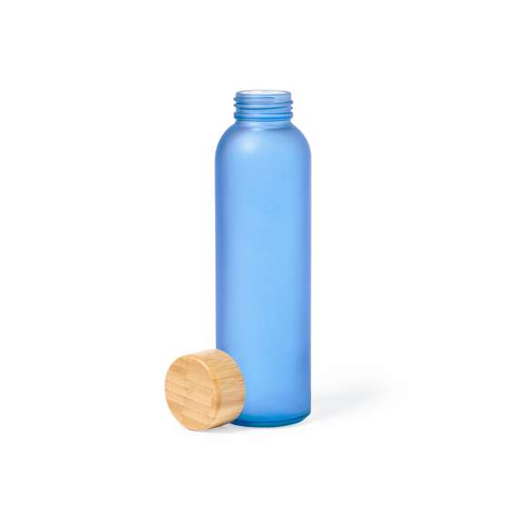 Bidón de línea nature y 500 ml de capacidad, con cuerpo fabricado en cristal, con tapón a rosca de bambú y libre de BPA. Disponible en variada gama de colores y presentado en caja individual de diseño eco.