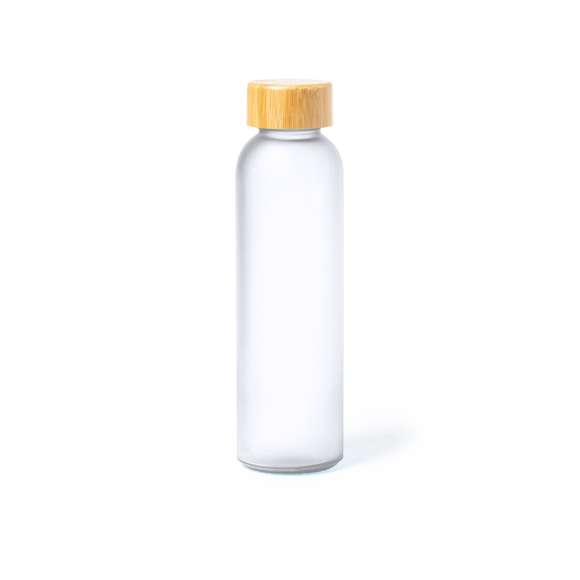 Bidón de línea nature y 500 ml de capacidad, con cuerpo fabricado en cristal, con tapón a rosca de bambú y libre de BPA. Disponible en variada gama de colores y presentado en caja individual de diseño eco.