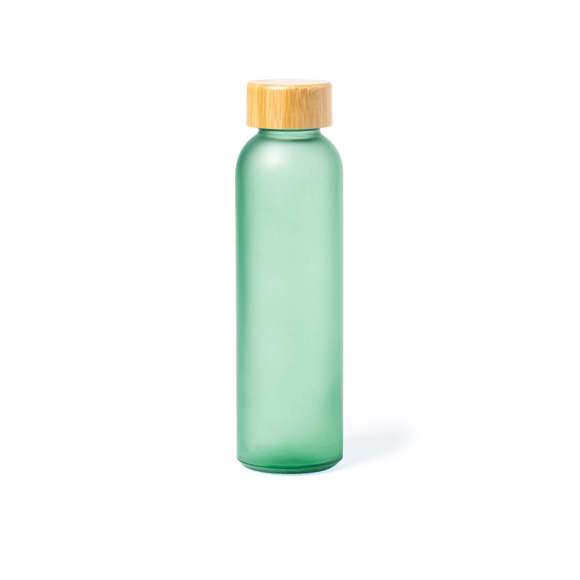 Bidón de línea nature y 500 ml de capacidad, con cuerpo fabricado en cristal, con tapón a rosca de bambú y libre de BPA. Disponible en variada gama de colores y presentado en caja individual de diseño eco.