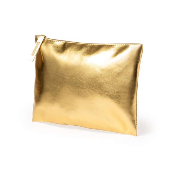 Neceser de polipiel en elegante acabado metalizado. Con cierre de cremallera y tirador a juego  disponible en colores dorado, plateado y oro rosa.