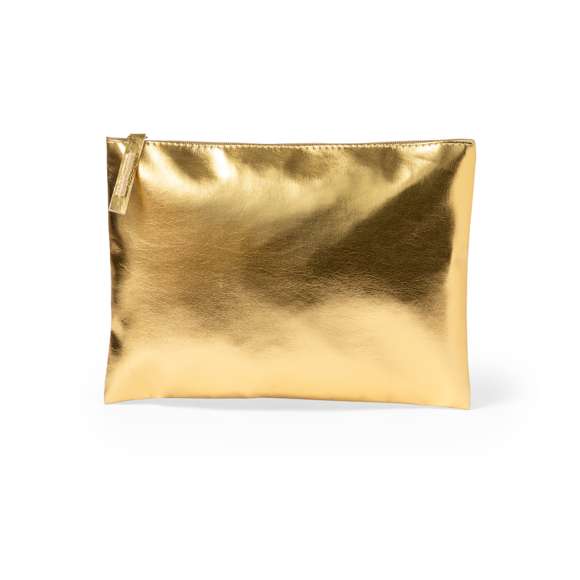 Neceser de polipiel en elegante acabado metalizado. Con cierre de cremallera y tirador a juego  disponible en colores dorado, plateado y oro rosa.