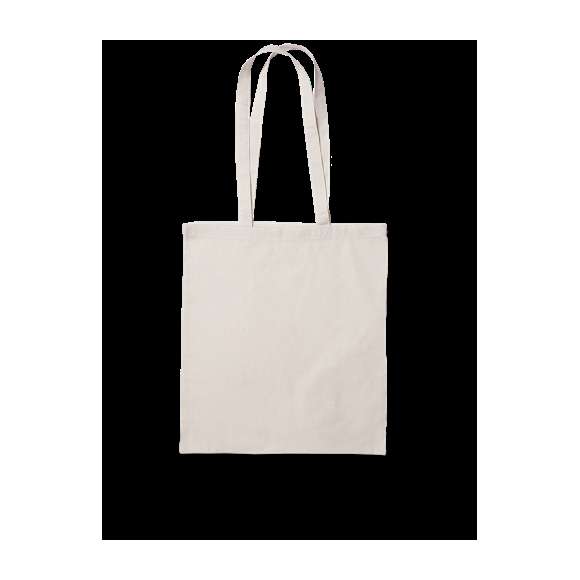 Bolsa fabricada en algodón 100%, de acabado natural y en gramaje extra de 300g/m2. De acabado cosido y asas largas reforzadas (70 x 2,5 cm). Resistencia hasta 10 kg de peso.