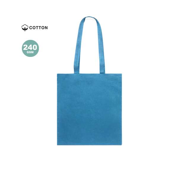 Bolsa fabricada en algodón 100% de 240g/m2. De acabado cosido y asas largas reforzadas (70 x 2,5 cm). Disponible en variada gama de colores. Resistencia hasta 10 kg de peso.