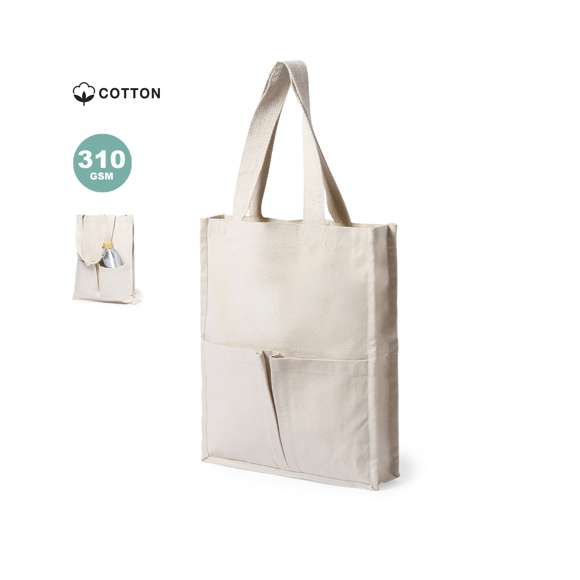 Bolsa fabricada en algodón 100%, de acabado natural y en gramaje extra de 310g/m2. Con dos bolsillos exteriores, de acabado cosido y con fuelle. Asas medianas extra anchas y reforzadas (58 x 3,5 cm). Resistencia hasta 10 kg de peso.