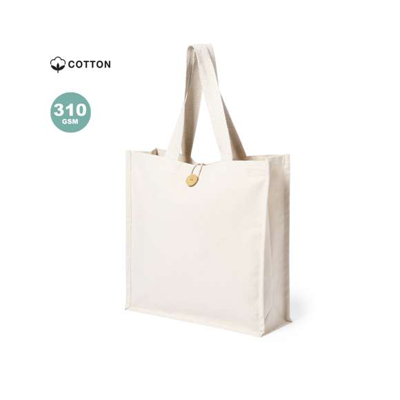 Bolsa fabricada en algodón 100%, de acabado natural y en gramaje extra de 310g/m2. Con original cierre de botón, acabado cosido y con fuelle. Asas medianas extra anchas y reforzadas (60 x 3,5 cm). Resistencia hasta 10 kg de peso.