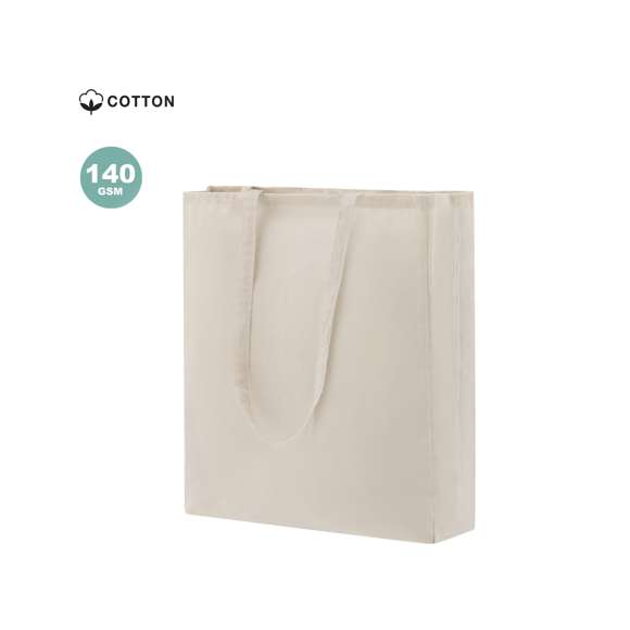 Bolsa fabricada en algodón 100%, de acabado natural y en 140g/m2. De acabado cosido, con fuelle en base y asas largas reforzadas (70 x 2,5 cm). Resistencia hasta 6 kg de peso.