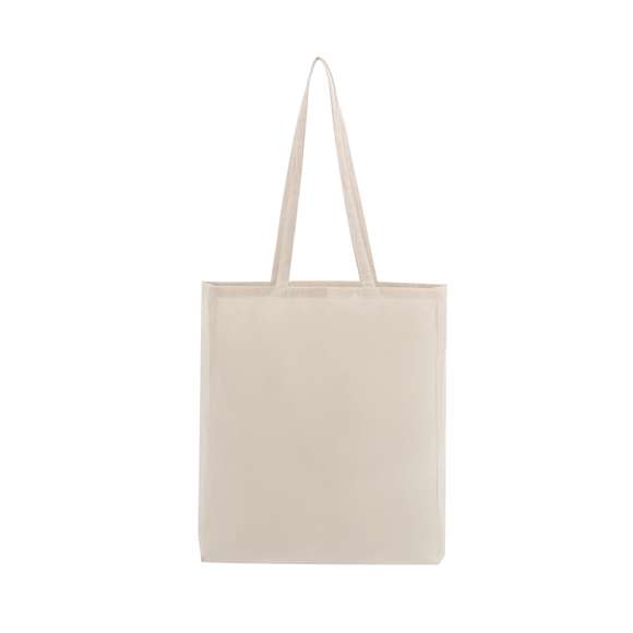 Bolsa fabricada en algodón 100%, de acabado natural y en 140g/m2. De acabado cosido, con fuelle en base y asas largas reforzadas (70 x 2,5 cm). Resistencia hasta 6 kg de peso.