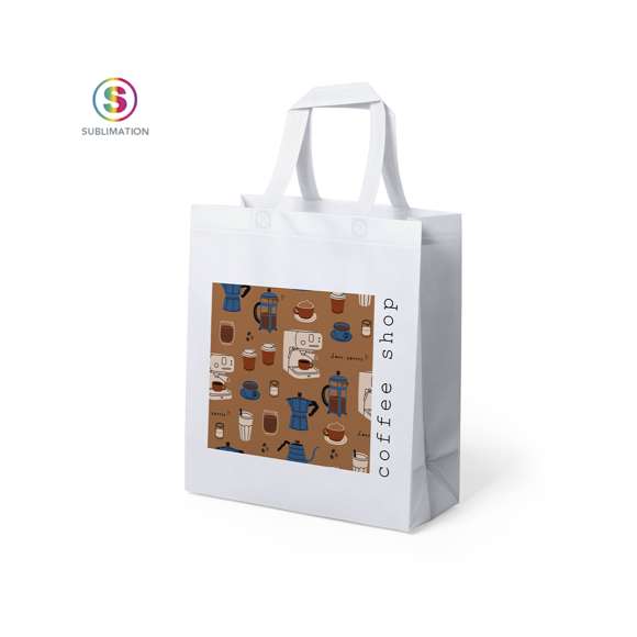 Bolsa en non-woven de 70g/m2, en color blanco y especialmente diseñada para marcaje en sublimación. De acabado termosellado, con fuelle y asas cortas reforzadas (35 x 2,5 cm). Resistencia hasta 8 kg de peso.