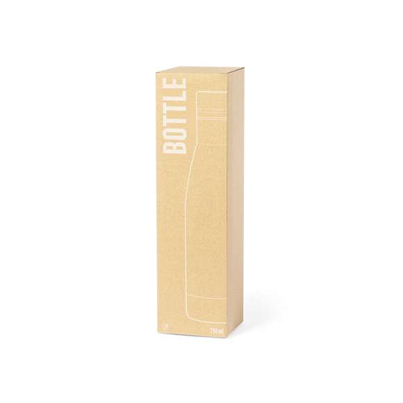 Bidón de 750 ml de capacidad, fabricado en acero inox y acabado con tacto goma, especialmente diseñado para marcaje en láser. Con tapón a rosca a juego, libre de BPA y disponible en variada gama de colores mate. Presentado en caja individual de diseño kraft. Disponible manual de instrucciones en español e inglés.
