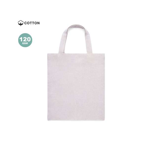 Bolsa fabricada en algodón 100%, de acabado natural y en 120g/m2. De acabado cosido y con asas cortas reforzadas (30 x 2,5cm). Resistencia hasta 5 kg de peso.