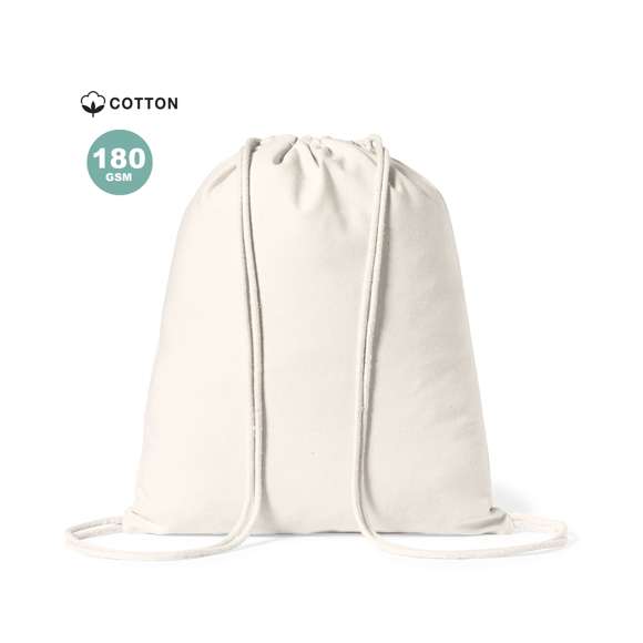 Mochila de cuerdas de línea nature fabricada en 100% algodón de 180g/m2 en acabado natural. Compartimento principal con cordones en algodón.