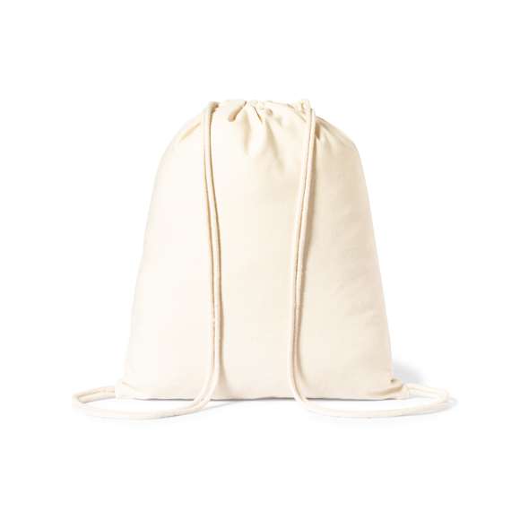 Mochila de cuerdas de línea nature fabricada en 100% algodón de 180g/m2 en acabado natural. Compartimento principal con cordones en algodón.