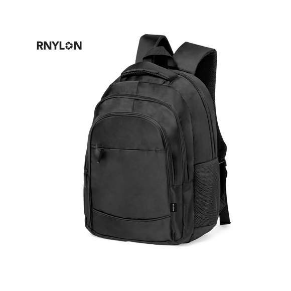 Mochila de calidad premium fabricada en RNYLON 420D. Compartimento principal con cierre de cremallera a juego y doble tirador. Incluye 3 bolsillos exteriores de cremallera y 2 bolsillos laterales de redecilla. Acolchado en asa, parte trasera y cintas para hombros, que además son ajustables. Interior con compartimento acolchado para ordenador portátil de hasta 15 pulgadas y accesorio en espalda para ajuste en trolley. Disponible en variada gama de colores, con distintivo reciclado en etiqueta exterior.El material RNYLON se elabora a partir de plástico reciclado, para así fomentar la reutilización de residuos plásticos y ayudar a la sostenibilidad del planeta.