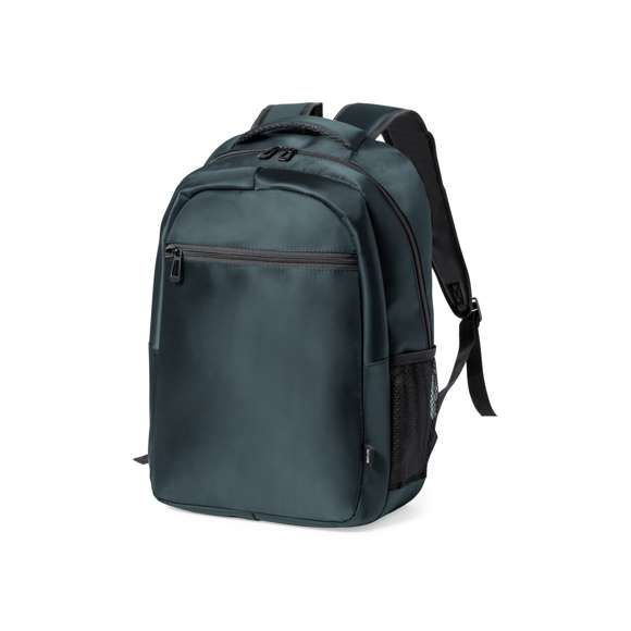 Mochila de alta calidad fabricada en RNYLON 420D. Compartimento principal con cierre de cremallera a juego y doble tirador. Incluye bolsillo exterior de cremallera y 2 bolsillos laterales de redecilla. Acolchado en asa, parte trasera y cintas para hombros, estas últimas ajustables. Interior con compartimento acolchado para ordenador portátil de hasta 15 pulgadas y accesorio en espalda para ajuste en trolley. Disponible en variada gama de colores, con distintivo reciclado en etiqueta exterior.El material RNYLON se elabora a partir de plástico reciclado, para así fomentar la reutilización de residuos plásticos y ayudar a la sostenibilidad del planeta.
