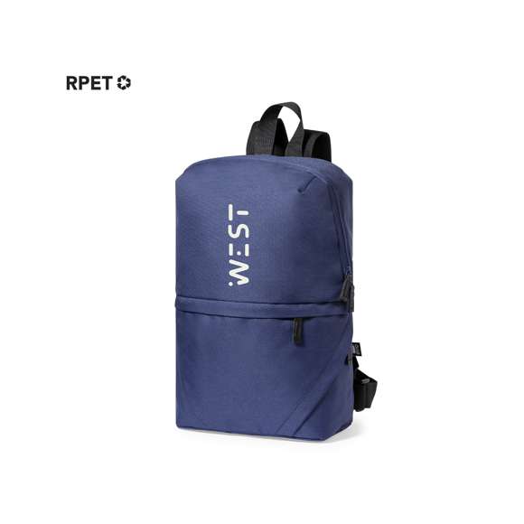 Mochila fabricada en resistente poliéster 600D RPET. Compartimento principal con cierre de cremallera invisible, doble bolsillo exterior y cintas para hombros ajustables. Disponible en variada gama de colores, con distintivo RPET en etiqueta exterior.  El material RPET se elabora a partir de plástico reciclado, para así fomentar la reutilización de residuos plásticos y ayudar a la sostenibilidad del planeta.