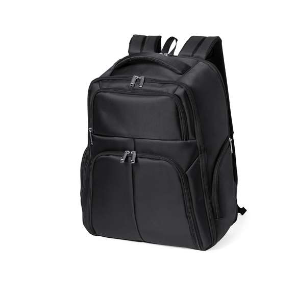 Mochila de calidad premium fabricada en resistente Nyon 600D de acabado en color negro. Compartimento principal con cierre de cremallera a juego y doble tirador. Incluye 3 bolsillos exteriores y 2 bolsillos laterales, todos con cierre de cremallera. Acolchado en asa, parte trasera y cintas para hombros, que además son ajustables. Interior con compartimentos acolchados para ordenador portátil de hasta 17 pulgadas y tablet de hasta 12 pulgadas. Accesorio en espalda para ajuste en trolley.