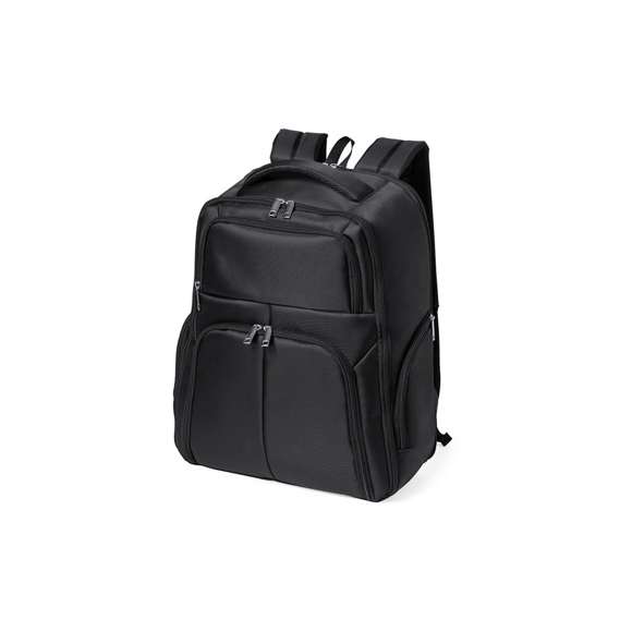 Mochila de calidad premium fabricada en resistente Nyon 600D de acabado en color negro. Compartimento principal con cierre de cremallera a juego y doble tirador. Incluye 3 bolsillos exteriores y 2 bolsillos laterales, todos con cierre de cremallera. Acolchado en asa, parte trasera y cintas para hombros, que además son ajustables. Interior con compartimentos acolchados para ordenador portátil de hasta 17 pulgadas y tablet de hasta 12 pulgadas. Accesorio en espalda para ajuste en trolley.