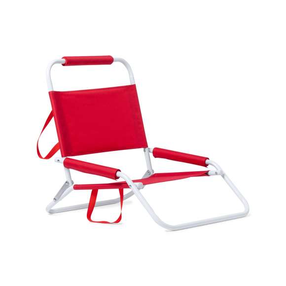 Silla plegable ligera y resistente, con estructura metálica lacada en color blanco. Respaldo y asiento en poliéster 600D, con acolchado en espuma a juego en reposabrazos y reposacabezas. Con asa de transporte a juego y disponible en variada gama de colores.