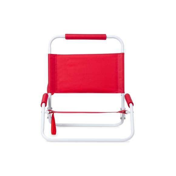 Silla plegable ligera y resistente, con estructura metálica lacada en color blanco. Respaldo y asiento en poliéster 600D, con acolchado en espuma a juego en reposabrazos y reposacabezas. Con asa de transporte a juego y disponible en variada gama de colores.
